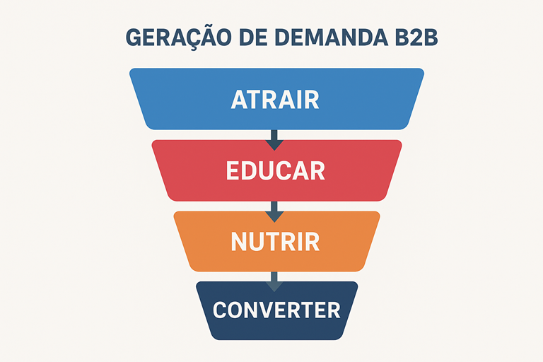 Funil de geração de demanda B2B com as etapas atrair, educar, nutrir e converter.